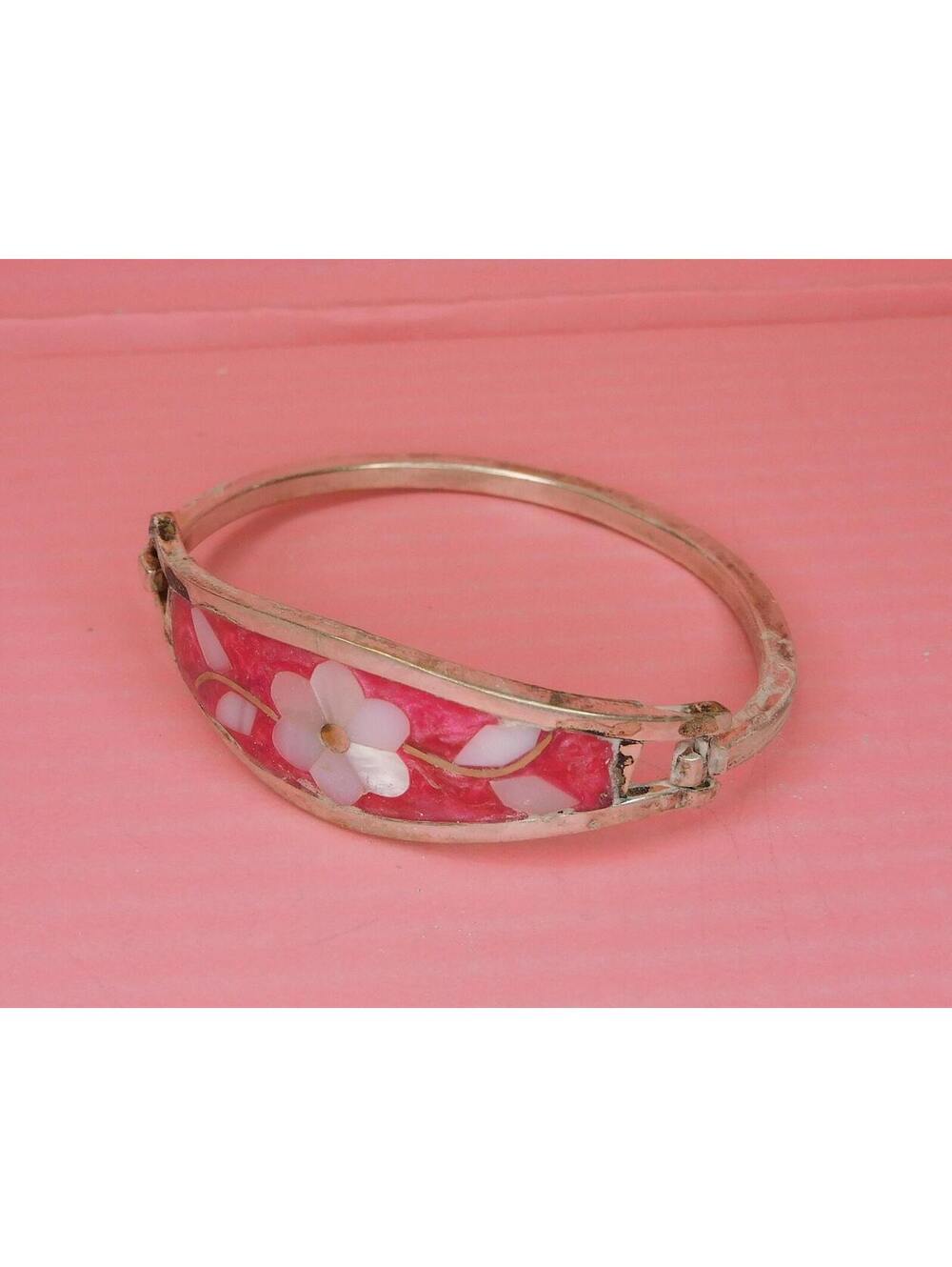 Vintage MEXICO Alpaca Pink Inlay Bangle Bracelet - Small